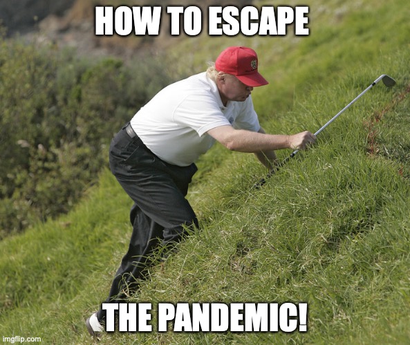 Pandemic Trump |  HOW TO ESCAPE; THE PANDEMIC! | image tagged in trump golfing | made w/ Imgflip meme maker