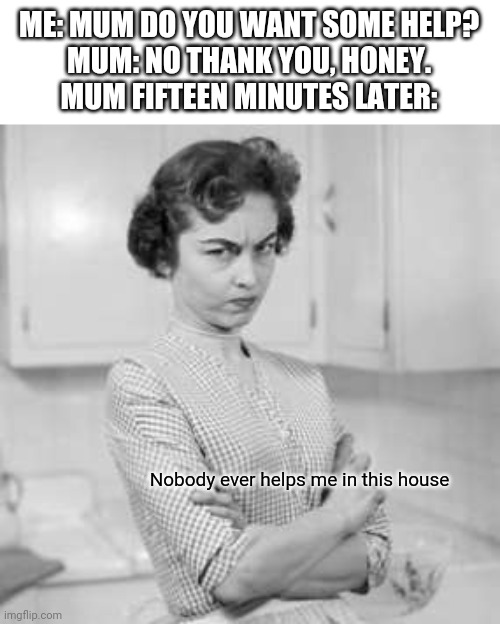 But I just asked you if you wanted help... | ME: MUM DO YOU WANT SOME HELP?
MUM: NO THANK YOU, HONEY.
MUM FIFTEEN MINUTES LATER:; Nobody ever helps me in this house | image tagged in retro angry mom | made w/ Imgflip meme maker