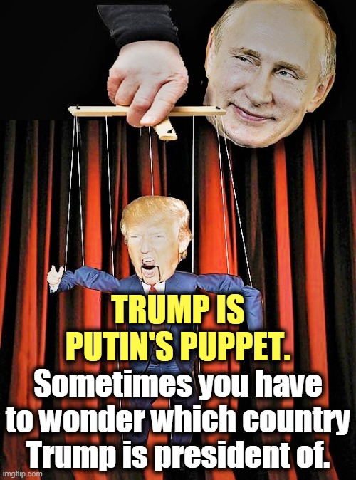 Putin Trump puppet marionette | TRUMP IS PUTIN'S PUPPET. Sometimes you have to wonder which country Trump is president of. | image tagged in putin trump puppet marionette,putin,trump,dummy,puppet,traitor | made w/ Imgflip meme maker