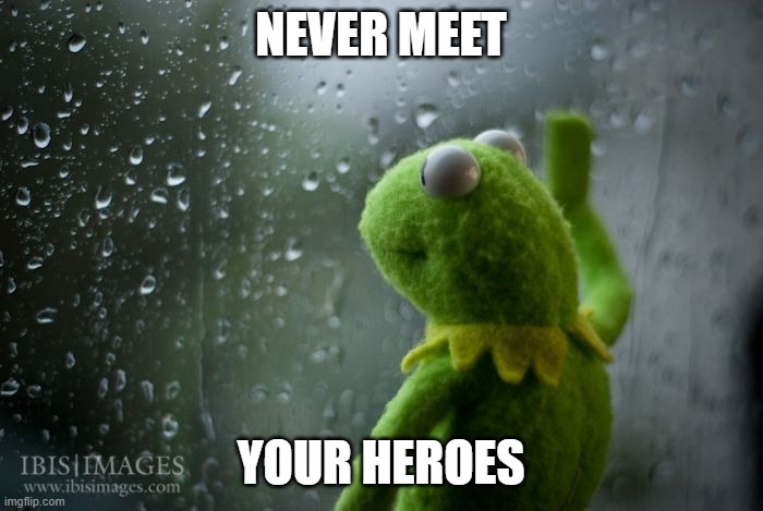 kermit window | NEVER MEET YOUR HEROES | image tagged in kermit window | made w/ Imgflip meme maker