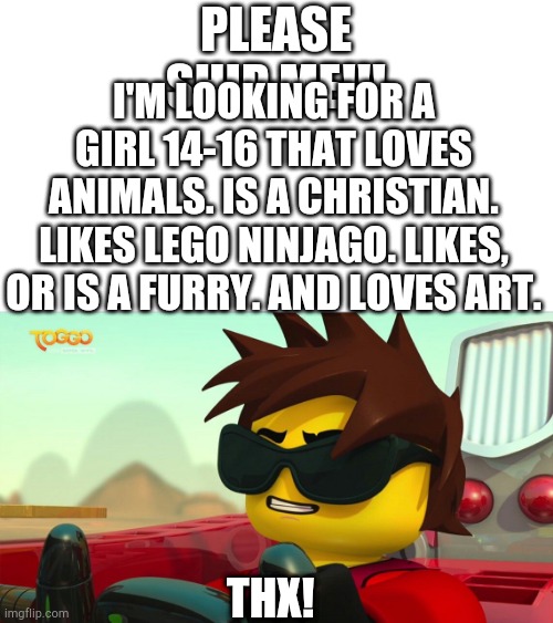 Please!!! :D | PLEASE SHIP ME!!! I'M LOOKING FOR A GIRL 14-16 THAT LOVES ANIMALS. IS A CHRISTIAN. LIKES LEGO NINJAGO. LIKES, OR IS A FURRY. AND LOVES ART. THX! | image tagged in too cool kai,fun,memes,ninjago | made w/ Imgflip meme maker
