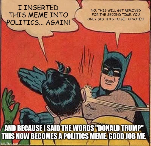 Another politics meme... for sure! | I INSERTED THIS MEME INTO POLITICS... AGAIN! NO. THIS WILL GET REMOVED FOR THE SECOND TIME. YOU ONLY DID THIS TO GET UPVOTES! AND BECAUSE I SAID THE WORDS "DONALD TRUMP" THIS NOW BECOMES A POLITICS MEME. GOOD JOB ME. | image tagged in memes,batman slapping robin | made w/ Imgflip meme maker