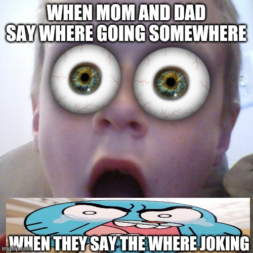 Old people pranks | WHEN MOM AND DAD SAY WHERE GOING SOMEWHERE; WHEN THEY SAY THE WHERE JOKING | image tagged in me | made w/ Imgflip meme maker