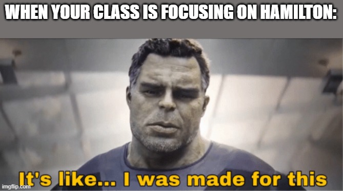 true lol | WHEN YOUR CLASS IS FOCUSING ON HAMILTON: | image tagged in it's like i was made for this,memes,funny,hamilton,repost,avengers endgame | made w/ Imgflip meme maker