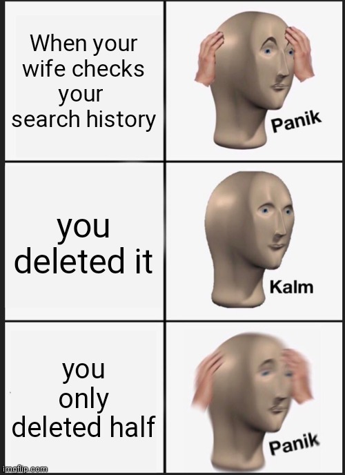 Panik Kalm Panik Meme | When your wife checks your  search history you deleted it you only deleted half | image tagged in memes,panik kalm panik | made w/ Imgflip meme maker