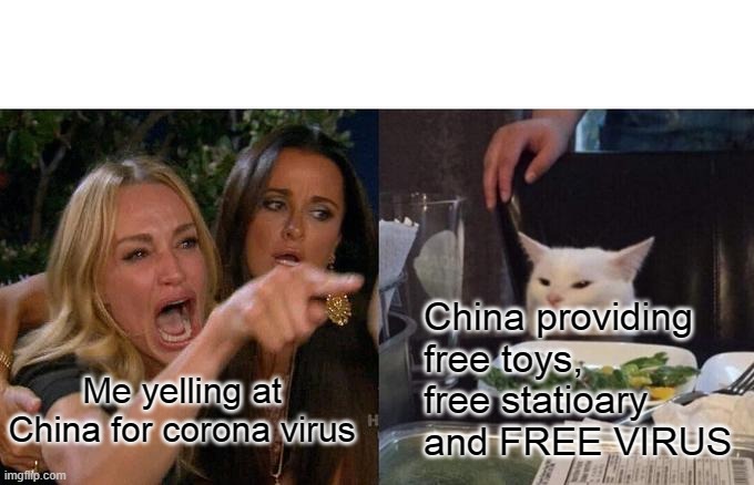 China gives everything free... | China providing free toys, free statioary and FREE VIRUS; Me yelling at China for corona virus | image tagged in memes,woman yelling at cat,coronavirus,covid-19,china | made w/ Imgflip meme maker
