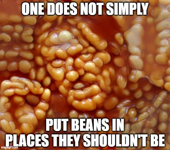 ONE DOES NOT SIMPLY; PUT BEANS IN PLACES THEY SHOULDN'T BE | image tagged in memes,one does not simply,beans | made w/ Imgflip meme maker