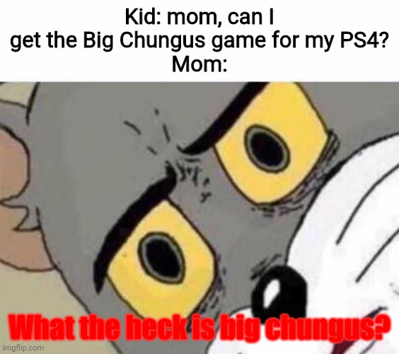 Games | Kid: mom, can I get the Big Chungus game for my PS4?
Mom:; What the heck is big chungus? | image tagged in tom cat unsettled close up | made w/ Imgflip meme maker