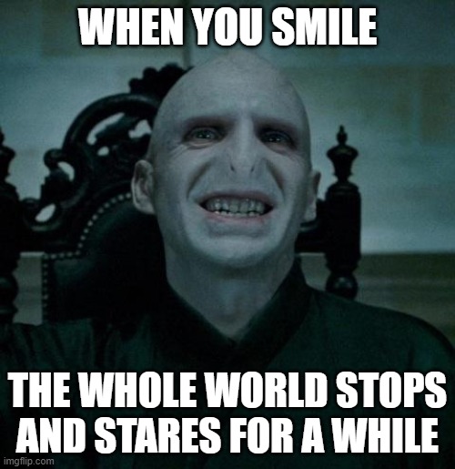 voldemort smiling | WHEN YOU SMILE; THE WHOLE WORLD STOPS AND STARES FOR A WHILE | image tagged in voldemort smiling | made w/ Imgflip meme maker