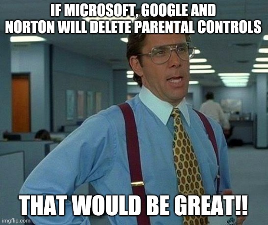 That Would Be Great Meme | IF MICROSOFT, GOOGLE AND NORTON WILL DELETE PARENTAL CONTROLS; THAT WOULD BE GREAT!! | image tagged in memes,that would be great | made w/ Imgflip meme maker