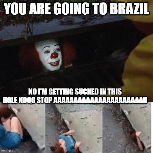 You are going to brazil. | YOU ARE GOING TO BRAZIL; NO I'M GETTING SUCKED IN THIS HOLE NOOO STOP AAAAAAAAAAAAAAAAAAAAAAH | image tagged in pennywise in sewer | made w/ Imgflip meme maker