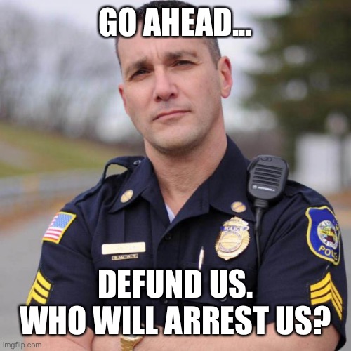 Cop | GO AHEAD... DEFUND US.
WHO WILL ARREST US? | image tagged in cop | made w/ Imgflip meme maker
