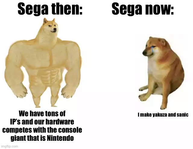 Buff Doge vs. Cheems Meme | Sega then:           Sega now:; We have tons of IP’s and our hardware competes with the console giant that is Nintendo; I make yakuza and sanic | image tagged in buff doge vs cheems | made w/ Imgflip meme maker