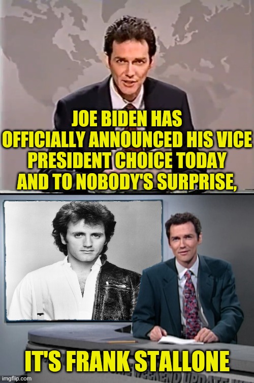 Joe Biden's Vice President is,You Guessed It... | JOE BIDEN HAS OFFICIALLY ANNOUNCED HIS VICE PRESIDENT CHOICE TODAY AND TO NOBODY'S SURPRISE, IT'S FRANK STALLONE | image tagged in weekend update with norm,norm macdonald,joe biden,election 2020,vice president | made w/ Imgflip meme maker
