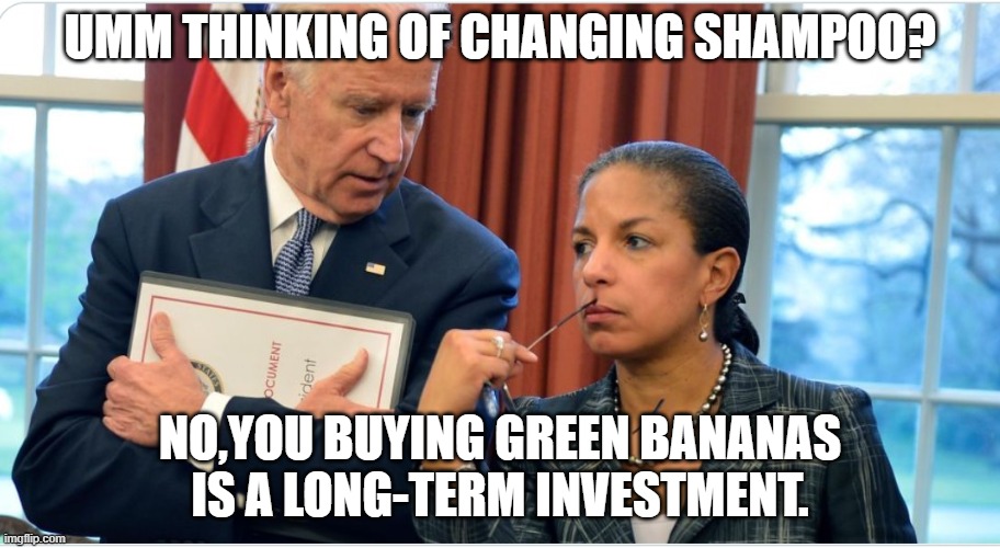Biden | UMM THINKING OF CHANGING SHAMPOO? NO,YOU BUYING GREEN BANANAS IS A LONG-TERM INVESTMENT. | image tagged in sad joe biden | made w/ Imgflip meme maker