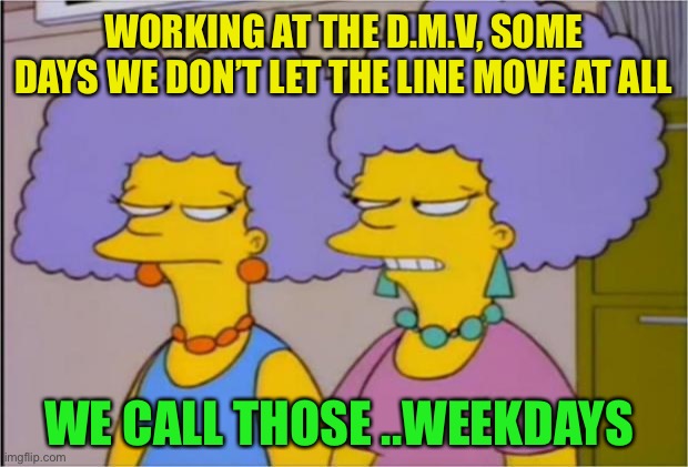 Patty and Selma Talking | WORKING AT THE D.M.V, SOME DAYS WE DON’T LET THE LINE MOVE AT ALL WE CALL THOSE ..WEEKDAYS | image tagged in patty and selma talking | made w/ Imgflip meme maker