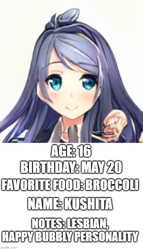 further info on kushita | AGE: 16; BIRTHDAY: MAY 20; NAME: KUSHITA; FAVORITE FOOD: BROCCOLI; NOTES: LESBIAN, HAPPY BUBBLY PERSONALITY | image tagged in blank white template,ocs,oc,anime,animeme | made w/ Imgflip meme maker