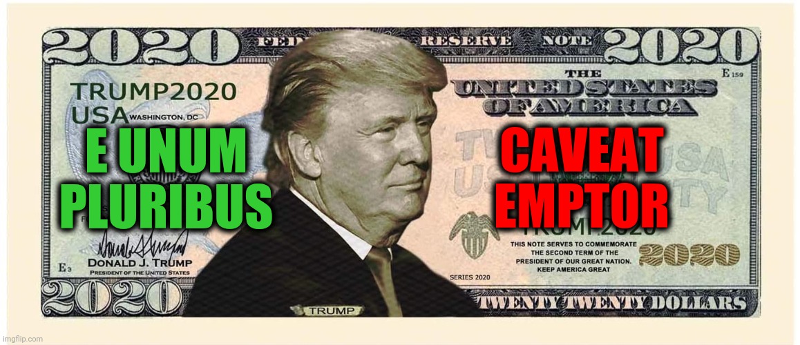 qui totum vult totum perdit | CAVEAT EMPTOR; E UNUM PLURIBUS | image tagged in trump,2020,funny,memes,caveat emptor,e unum pluribus | made w/ Imgflip meme maker