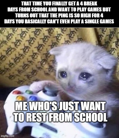 you don't understand my pain | THAT TIME YOU FINALLY GET A 4 BREAK DAYS FROM SCHOOL AND WANT TO PLAY GAMES BUT TURNS OUT THAT THE PING IS SO HIGH FOR 4 DAYS YOU BASICALLY CAN'T EVEN PLAY A SINGLE GAMES; ME WHO'S JUST WANT TO REST FROM SCHOOL | image tagged in sad gaming cat,sad | made w/ Imgflip meme maker