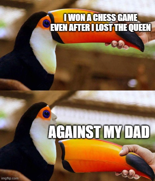 Toucan Beak | I WON A CHESS GAME EVEN AFTER I LOST THE QUEEN; AGAINST MY DAD | image tagged in toucan beak,memes | made w/ Imgflip meme maker