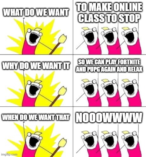 pls we want that | WHAT DO WE WANT; TO MAKE ONLINE CLASS TO STOP; WHY DO WE WANT IT; SO WE CAN PLAY FORTNITE AND PUPG AGAIN AND RELAX; WHEN DO WE WANT THAT; NOOOWWWW | image tagged in memes,what do we want 3 | made w/ Imgflip meme maker