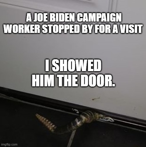 Honey. Joe Biden want's your vote. | A JOE BIDEN CAMPAIGN WORKER STOPPED BY FOR A VISIT; I SHOWED HIM THE DOOR. | image tagged in joe biden,donald trump,trump 2020 | made w/ Imgflip meme maker