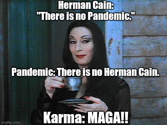 BETTER THAN KARMA | Herman Cain: "There is no Pandemic."; Pandemic: There is no Herman Cain. Karma: MAGA!! | image tagged in better than karma | made w/ Imgflip meme maker