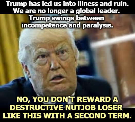 America as The Shining City on a Hill is totally gone. It's over. We don't live there any more. | Trump has led us into illness and ruin.
We are no longer a global leader. 
Trump swings between 
incompetence and paralysis. NO, YOU DON'T REWARD A DESTRUCTIVE NUTJOB LOSER 
LIKE THIS WITH A SECOND TERM. | image tagged in trump dilated loser,trump,crazy,nuts,destruction,incompetence | made w/ Imgflip meme maker