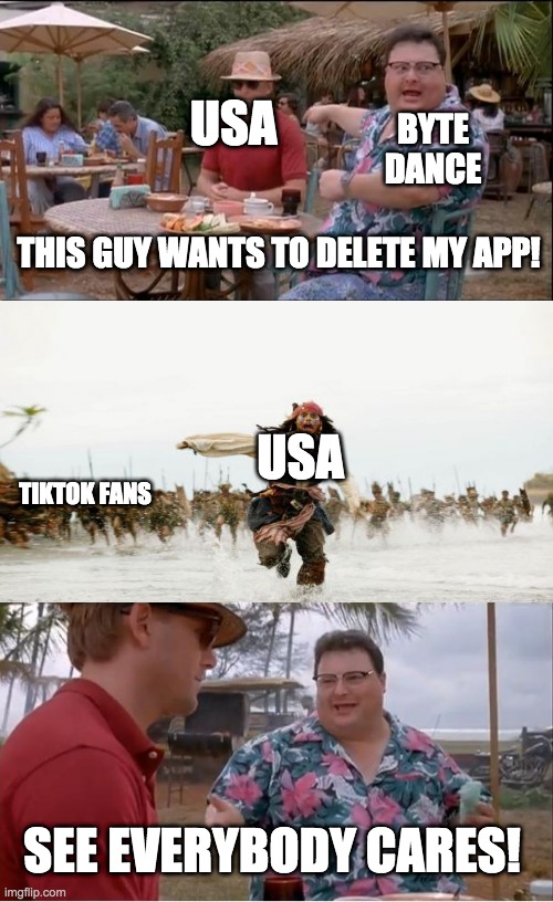 See many cares. | USA; BYTE DANCE; THIS GUY WANTS TO DELETE MY APP! USA; TIKTOK FANS; SEE EVERYBODY CARES! | image tagged in memes,see nobody cares | made w/ Imgflip meme maker