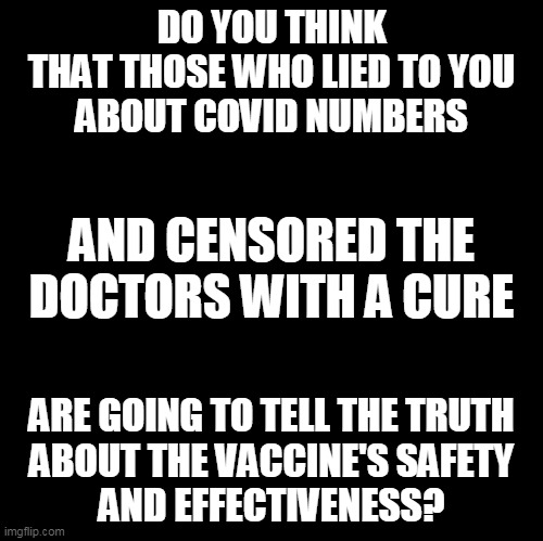 Vaccines and Lies | DO YOU THINK
THAT THOSE WHO LIED TO YOU
ABOUT COVID NUMBERS; AND CENSORED THE DOCTORS WITH A CURE; ARE GOING TO TELL THE TRUTH
ABOUT THE VACCINE'S SAFETY
AND EFFECTIVENESS? | image tagged in blank,vaccine | made w/ Imgflip meme maker