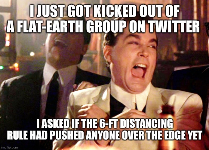 Good Fellas Hilarious | I JUST GOT KICKED OUT OF A FLAT-EARTH GROUP ON TWITTER; I ASKED IF THE 6-FT DISTANCING RULE HAD PUSHED ANYONE OVER THE EDGE YET | image tagged in memes,good fellas hilarious,funny memes | made w/ Imgflip meme maker