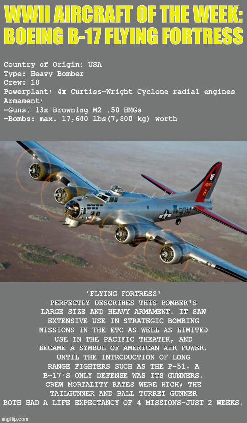 WWII Aircraft of the Week: Boeing B-17 | WWII AIRCRAFT OF THE WEEK: BOEING B-17 FLYING FORTRESS; Country of Origin: USA
Type: Heavy Bomber
Crew: 10
Powerplant: 4x Curtiss-Wright Cyclone radial engines
Armament:
-Guns: 13x Browning M2 .50 HMGs
-Bombs: max. 17,600 lbs(7,800 kg) worth; 'FLYING FORTRESS' PERFECTLY DESCRIBES THIS BOMBER'S LARGE SIZE AND HEAVY ARMAMENT. IT SAW EXTENSIVE USE IN STRATEGIC BOMBING MISSIONS IN THE ETO AS WELL AS LIMITED USE IN THE PACIFIC THEATER, AND BECAME A SYMBOL OF AMERICAN AIR POWER. UNTIL THE INTRODUCTION OF LONG RANGE FIGHTERS SUCH AS THE P-51, A B-17'S ONLY DEFENSE WAS ITS GUNNERS. CREW MORTALITY RATES WERE HIGH; THE TAILGUNNER AND BALL TURRET GUNNER BOTH HAD A LIFE EXPECTANCY OF 4 MISSIONS-JUST 2 WEEKS. | image tagged in history,wwii,bomber,plane,aviation,military | made w/ Imgflip meme maker