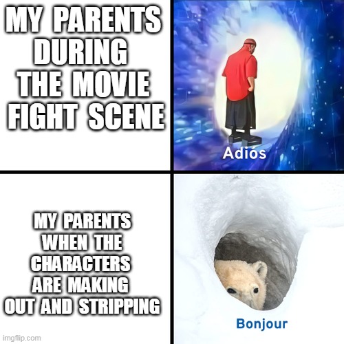 movies are hard to watch xD | MY  PARENTS DURING  THE  MOVIE  FIGHT  SCENE; MY  PARENTS  WHEN  THE  CHARACTERS  ARE  MAKING  OUT  AND  STRIPPING | image tagged in adios bonjour | made w/ Imgflip meme maker