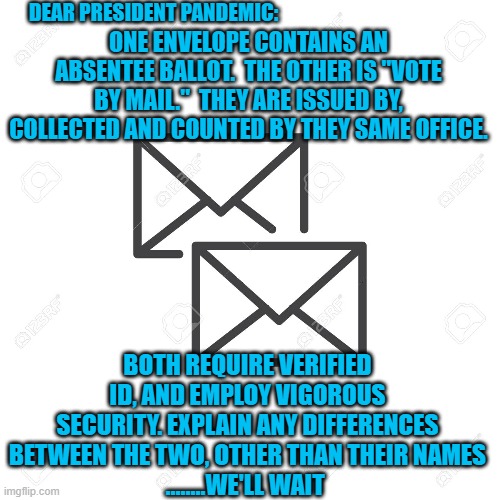Voter Suppression, President Pandemic Style | DEAR PRESIDENT PANDEMIC:; ONE ENVELOPE CONTAINS AN ABSENTEE BALLOT.  THE OTHER IS "VOTE BY MAIL."  THEY ARE ISSUED BY, COLLECTED AND COUNTED BY THEY SAME OFFICE. BOTH REQUIRE VERIFIED ID, AND EMPLOY VIGOROUS SECURITY. EXPLAIN ANY DIFFERENCES BETWEEN THE TWO, OTHER THAN THEIR NAMES
........WE'LL WAIT | image tagged in politics | made w/ Imgflip meme maker