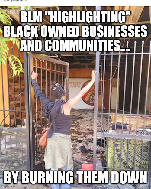 BLM "HIGHLIGHTING" BLACK OWNED BUSINESSES AND COMMUNITIES.... BY BURNING THEM DOWN | made w/ Imgflip meme maker