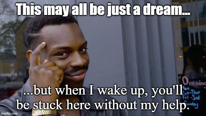 Final warning | This may all be just a dream... ...but when I wake up, you'll be stuck here without my help. | image tagged in memes,roll safe think about it,who cares | made w/ Imgflip meme maker