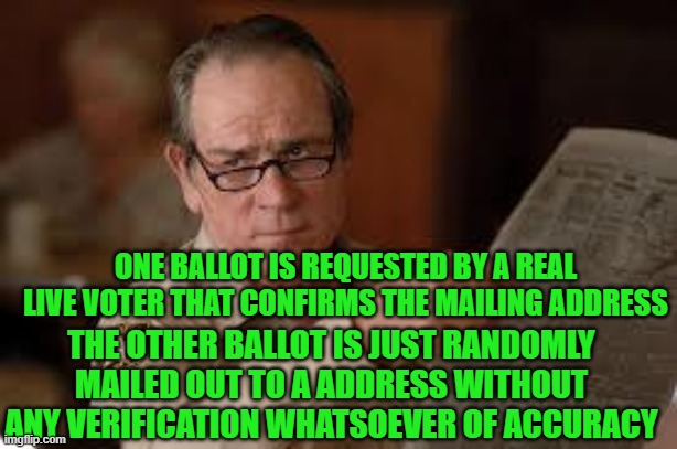no country for old men tommy lee jones | THE OTHER BALLOT IS JUST RANDOMLY MAILED OUT TO A ADDRESS WITHOUT ANY VERIFICATION WHATSOEVER OF ACCURACY ONE BALLOT IS REQUESTED BY A REAL  | image tagged in no country for old men tommy lee jones | made w/ Imgflip meme maker