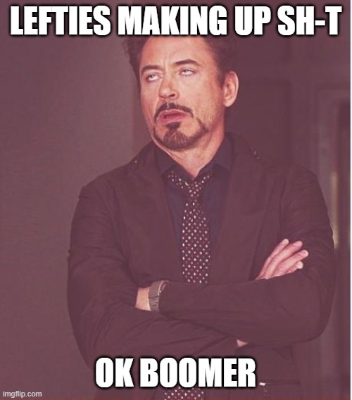 Face You Make Robert Downey Jr Meme | LEFTIES MAKING UP SH-T OK BOOMER | image tagged in memes,face you make robert downey jr | made w/ Imgflip meme maker