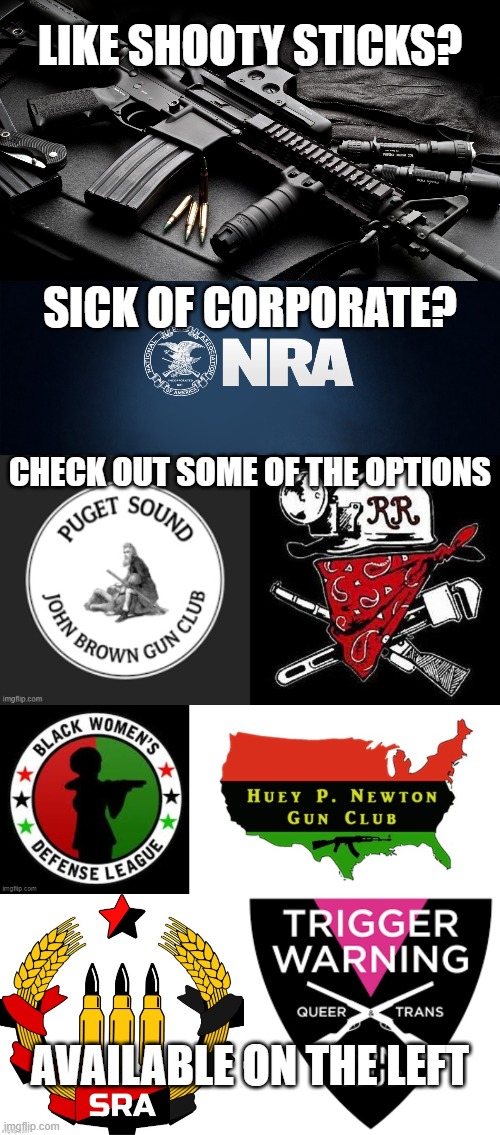 LIKE SHOOTY STICKS? SICK OF CORPORATE? CHECK OUT SOME OF THE OPTIONS; AVAILABLE ON THE LEFT | image tagged in ar15,shooty sticks,nra,guns | made w/ Imgflip meme maker