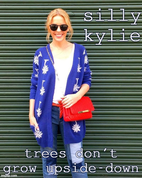 i dont know who made this but theyre wrong and so is she | silly kylie; trees don't grow upside-down | image tagged in kylie blue,trees,style,shirt,sweater,wrong | made w/ Imgflip meme maker