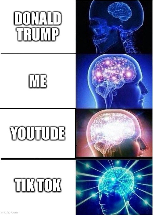 Expanding Brain | DONALD TRUMP; ME; YOUTUDE; TIK TOK | image tagged in memes,expanding brain | made w/ Imgflip meme maker