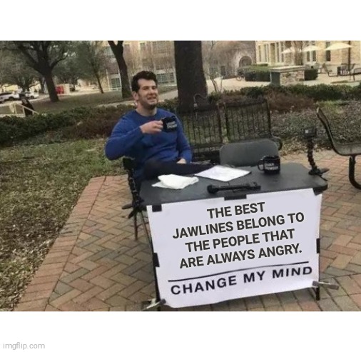 ANGY D:< | THE BEST JAWLINES BELONG TO THE PEOPLE THAT ARE ALWAYS ANGRY. | image tagged in memes,change my mind,angry,dank | made w/ Imgflip meme maker