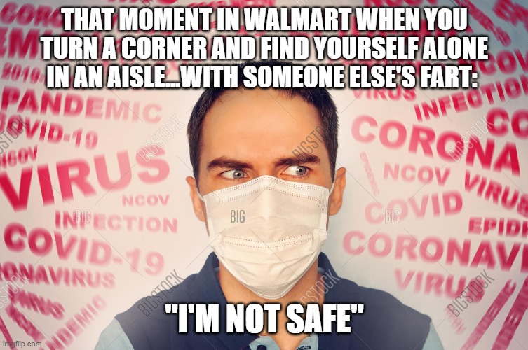 Processed food for thought | THAT MOMENT IN WALMART WHEN YOU TURN A CORNER AND FIND YOURSELF ALONE IN AN AISLE...WITH SOMEONE ELSE'S FART:; "I'M NOT SAFE" | image tagged in politics,political meme,coronavirus,face mask | made w/ Imgflip meme maker