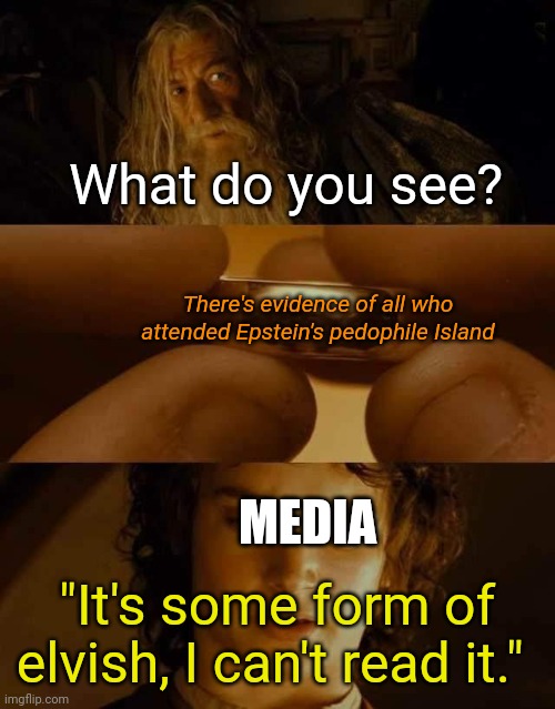 LOTR Ring | What do you see? There's evidence of all who attended Epstein's pedophile Island; MEDIA; "It's some form of elvish, I can't read it." | image tagged in lotr ring | made w/ Imgflip meme maker