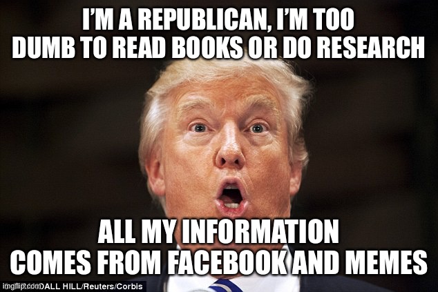 Republican | I’M A REPUBLICAN, I’M TOO DUMB TO READ BOOKS OR DO RESEARCH; ALL MY INFORMATION COMES FROM FACEBOOK AND MEMES | image tagged in trump stupid face | made w/ Imgflip meme maker
