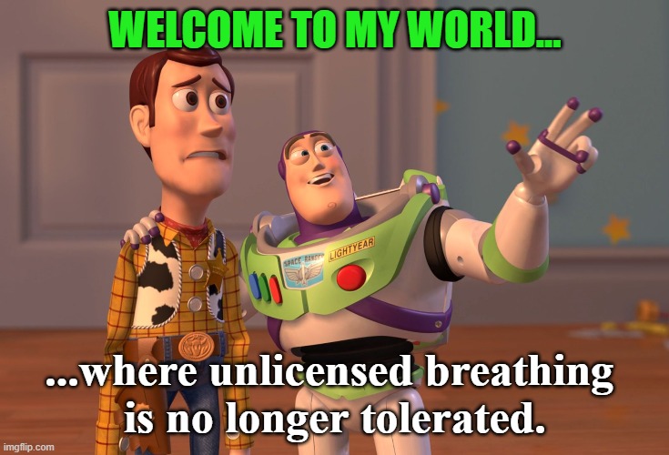 Free Air Now | WELCOME TO MY WORLD... ...where unlicensed breathing 
is no longer tolerated. | image tagged in memes,x x everywhere | made w/ Imgflip meme maker
