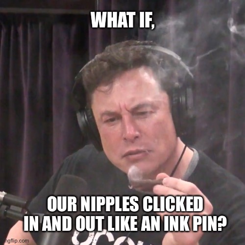 Deep thoughts | WHAT IF, OUR NIPPLES CLICKED IN AND OUT LIKE AN INK PIN? | image tagged in what if,elon musk,deep thoughts,hmmm,memes,weird | made w/ Imgflip meme maker
