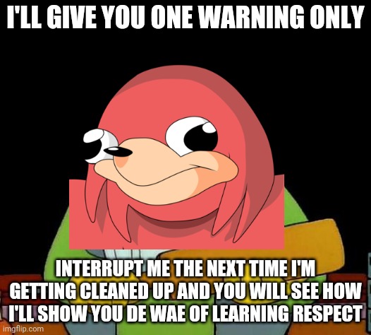 I'LL GIVE YOU ONE WARNING ONLY; INTERRUPT ME THE NEXT TIME I'M GETTING CLEANED UP AND YOU WILL SEE HOW I'LL SHOW YOU DE WAE OF LEARNING RESPECT | image tagged in memes,that's a paddlin',dank memes,ugandan knuckles,do you know da wae,savage memes | made w/ Imgflip meme maker