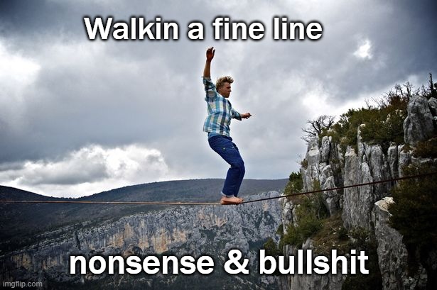 Tightrope walking | Walkin a fine line nonsense & bullshit | image tagged in tightrope walking | made w/ Imgflip meme maker