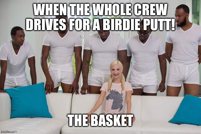 Girl on couch | WHEN THE WHOLE CREW DRIVES FOR A BIRDIE PUTT! THE BASKET | image tagged in girl on couch | made w/ Imgflip meme maker